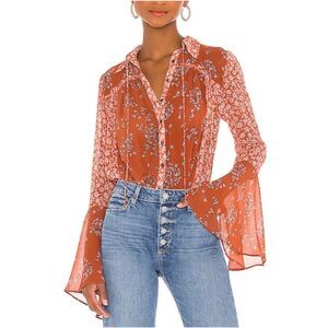 Free People Serena Printed Blouse Rust Combo Floral Orange Size Medium Summer